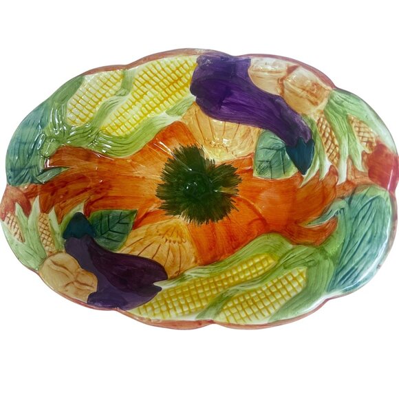 Fall-Themed Ceramic Serving Bowl Hand-Painted Pumpkin Corn & Eggplant Cornucopia - Picture 1 of 9